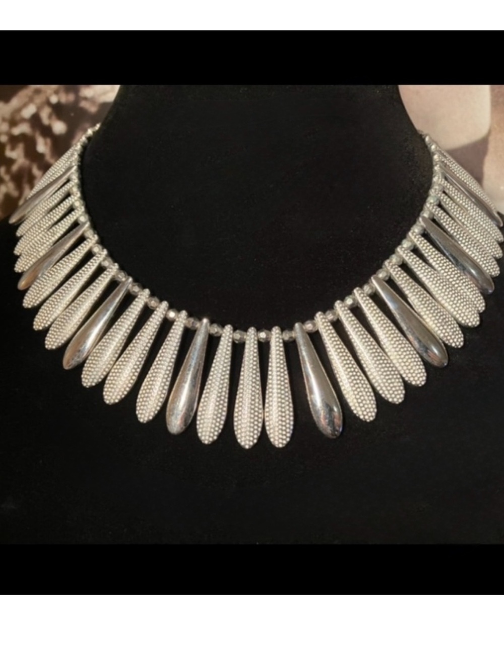 Vintage Silver Collar Necklace with Textured Teardrop Spikes
